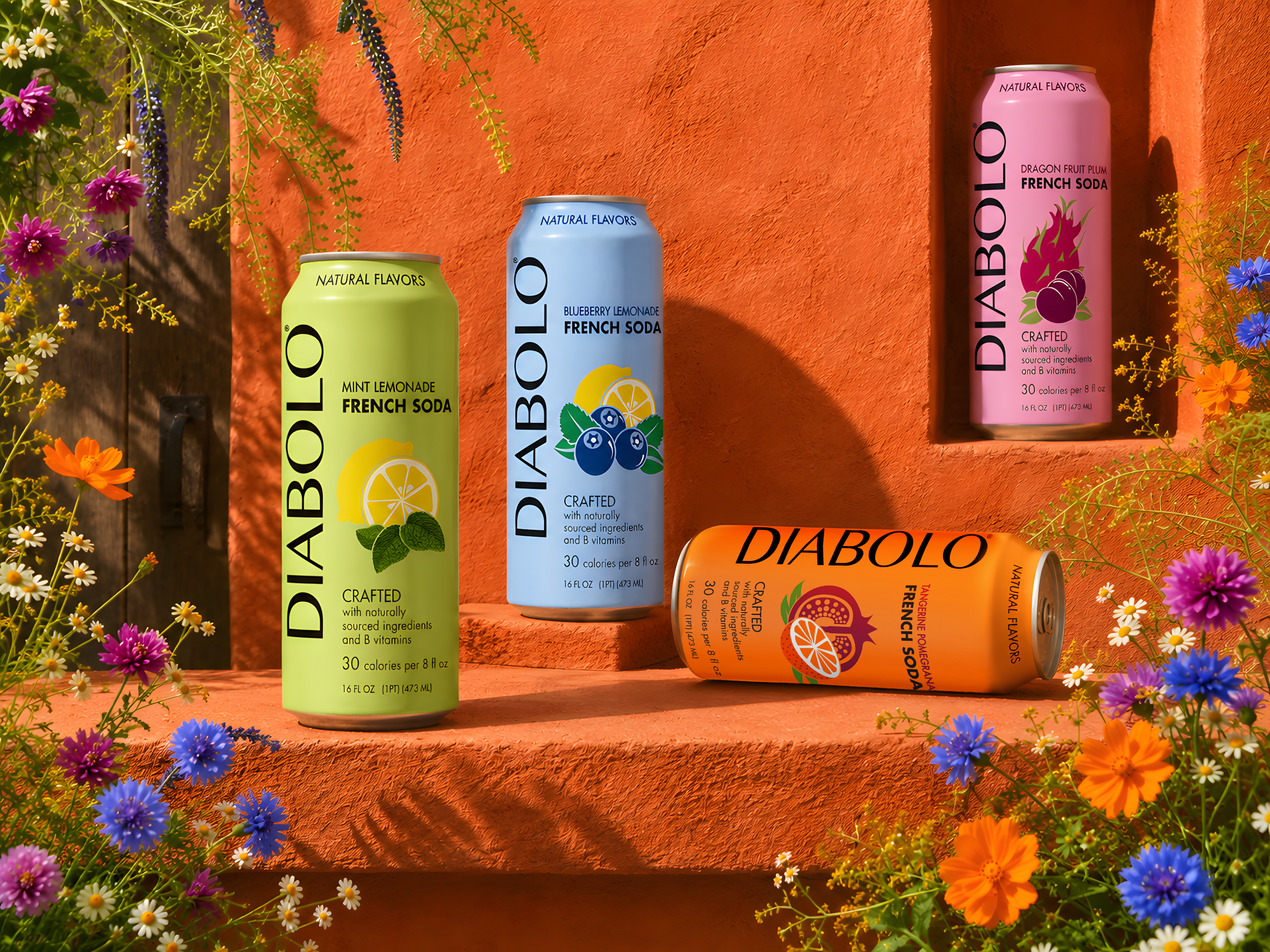 Diabolo French Soda can lineup displayed against a wall
